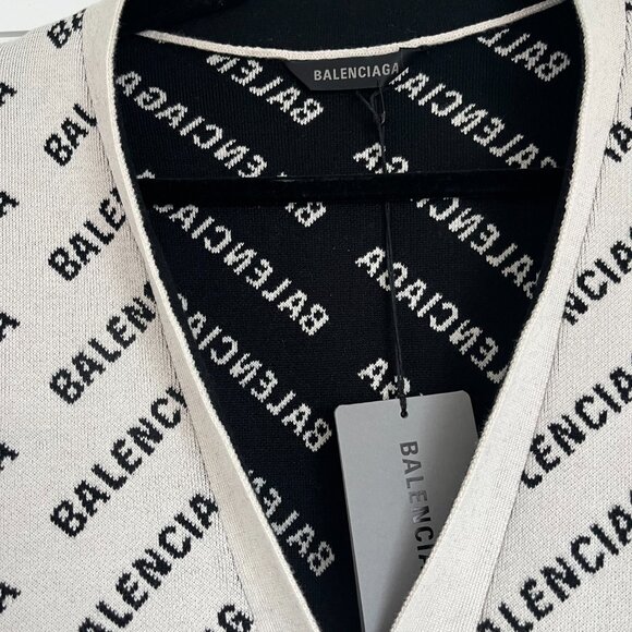 NWT Balenciaga Cardigan Sweater Off-white Allover Logo Knit Wool Blend V-Neck - Picture 6 of 11